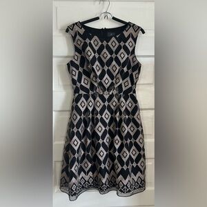 Adrianna Papell Black and Taupe Geometric Fit-and-Flare Dress